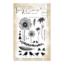 A clear stamp sheet featuring black botanical and bird designs, including dandelions, flowers, leaves, and small birds, with the brand name Tracy Evans Boutique Designs printed at the top on a textured beige background.