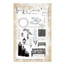 A sheet of clear stamp designs featuring black ink illustrations of candles, lily pads, flowers, lanterns, benches, and text elements on a beige textured background. The sheet includes branding for Tracy Evans Boutique Designs.