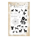 A clear stamp sheet featuring black ink illustrations of dogs, birds, flowers, and text including 'Tracy Evans Boutique Designs' and 'Best Friend', shown on a textured beige background.