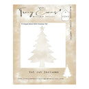 Tracy Evans Boutique Designs TE Snippet Stencil SS445 Christmas Tree, showing a white stencil template of a Christmas tree on a beige textured card with product details.