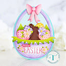 Easter-themed card with a chocolate bunny, eggs, and flowers on a light background.