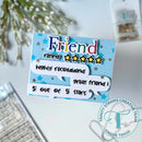 Card with 'Friend' rating and star feedback on a blurred background