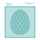 Egg-shaped stencil with lattice pattern on a light blue background, branded with Trinity Stamps.