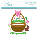 Easter basket die cut with pink bow and flowers, featuring Trinity Stamps branding.