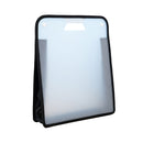 A black expanding paper organiser with clear polypropylene panels, designed for craft supply storage.