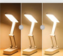 Three views of a white desk lamp on a wooden surface with a neutral background.