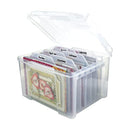 Clear plastic storage box with a lid, holding various greeting cards.