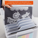 Clear organizer with card holders and decorative cutouts, held by a hand.