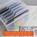 Clear storage box with labeled sections on a marble surface, text overlay about uses.