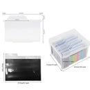 Measurement chart of a clear plastic bag, a box with compartments, and a black bag on a white background.