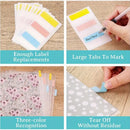 A four-panel product demonstration collage showing label replacement tabs in use on a wood surface. The panels show a fan of labeled tabs, a hand writing on a tab, floral patterned tabs, and a tear-off tab without residue, with text labels describing the features.