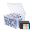 Clear plastic file organizer with labeled folders on a white background