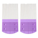 Two purple hair combs with metal teeth on a white background
