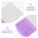 Purple comb needle tool with text highlighting features on a white background