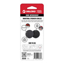 Velcro Home Improvement Industrial Strength Circles adhesive pads in retail packaging, featuring two circular black adhesive pads on a white backing card with red header.