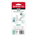 Velcro Thin Tape crafting tape in its original retail packaging, featuring a red and white header card with product details, feature callouts, and a barcode.