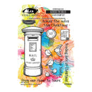 Visible Image 'Across the Miles' Clear Stamp Set featuring a watercolor Christmas-themed design with a white post box, birds, postmark, letter, and festive text on a multicolored watercolor background.