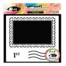 Visible Image Stencil First Class stamp stencil template, 6x6 inches, featuring a black rectangular cutout with a scalloped border and postmark lines on a white sheet.