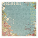 A square decorative paper or card design with a vintage floral border and printed text. The center is a muted teal-blue patterned field with the words 'Family Love' in script, while the corners feature cream, green, rust, and red floral elements and additional decorative text.