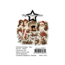 A product card for 'Paper Favourites' brand Christmas Nostalgia die-cuts. The card features a vintage-style illustration of a Christmas scene with Santa Claus, children, a fireplace, and wreaths, along with product specifications and a barcode.