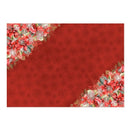 A rectangular red holiday backdrop or card design with a subtle snowflake pattern and floral poinsettia borders in the top-left and bottom-right corners, shown on a white background.