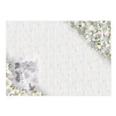 A square decorative card or print with a winter holiday design, featuring a white textured background with vertical lines, white and silver floral arrangements in the top-right and bottom-left corners, and a grayscale snowman illustration in the lower-left.