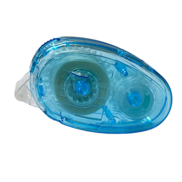 A blue universal crafts permanent adhesive roller with a clear window showing the adhesive roll.