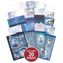 A set of 20 sheets featuring whimsical fantasy animal illustrations, including owls, rabbits, a fox, and a penguin, in shades of blue, purple, and white. A red circular badge at the bottom reads 'INCLUDES 20 SHEETS'.