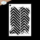 A black and white stencil sheet featuring a distressed chevron pattern, shown against a solid black background with a brand logo in the top-left corner.