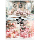 A collage of four watercolor-style Christmas scenes with pink tones: snowy porch rocking chairs with pink throws, decorated Christmas trees with pink ornaments, and stacks of pink gift boxes with bows. A black star overlay in the center reads “Paper Favorites.
