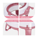 Pink knitting loom with labeled parts on a white background
