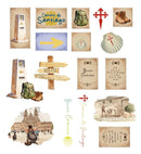 A collage of watercolor-style travel and hiking motifs for Camino de Santiago, including a stone marker, boots, backpack, shell, cross, signposts, buildings, and handwritten notes on a white background.