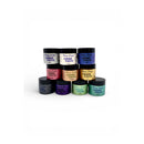Collection of jars labeled 'Poppy Crafts Shimmer Paste' in various colours on a white background