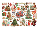 A collage of vintage Christmas illustrations on a white background, including Santa Claus, a sleigh with wrapped gifts, decorated Christmas trees, candy canes, stockings, pinecones, holly, a snow globe, a dog, a cat, a teddy bear, and holiday cards.