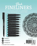 Studio Light Fineliners and Markers packaging card featuring a set of black fine-liner pens with color-coded barrel tips and two black markers. The card has a light blue gradient background, white text, a sample mandala drawing on the right, and product details at the bottom.