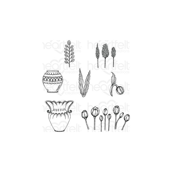 Heartfelt Creations Cling Rubber Stamp Set 5X6.5in - Tulip Vase & Fillers .75 To 3.5in