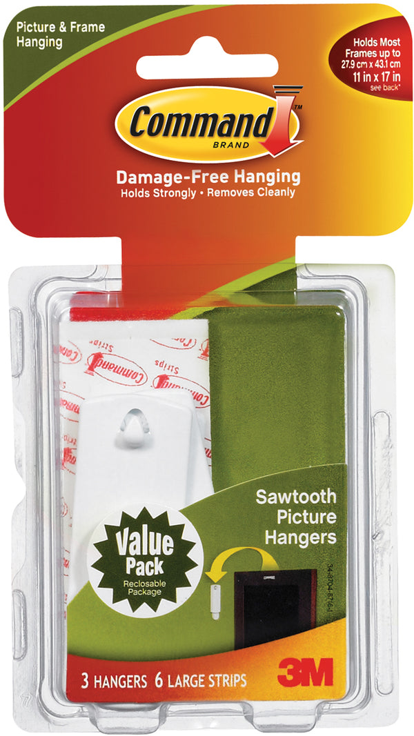 Command Large Sawtooth Picture Hangers, White - 3 Hangers & 6 Strips