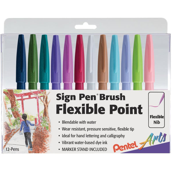 Pentel Arts Sign Pens With Brush Tip 12 pack - Assorted Colours*