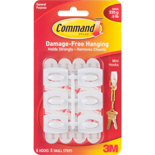 Command Mini Hooks, White - 6 Hooks & 8 Strips*
