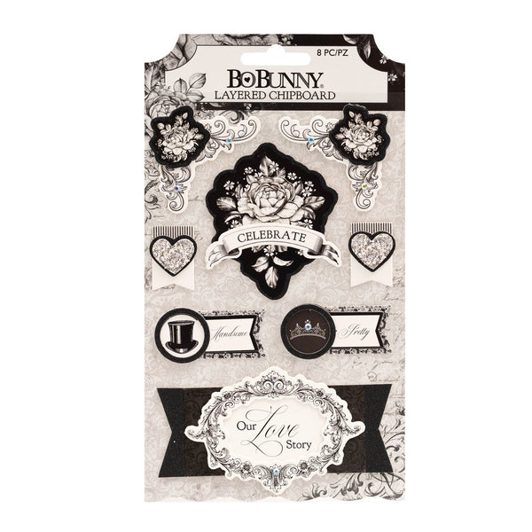 BoBunny Adhesive Layered Chipboard 8 pack - Tuxedos & Tiaras  with Black Foil Accents