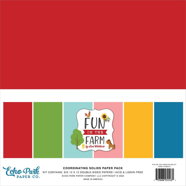 Echo Park Double-Sided Solid Cardstock 12"x 12" 6 pack - Fun On The Farm, 6 Colours
