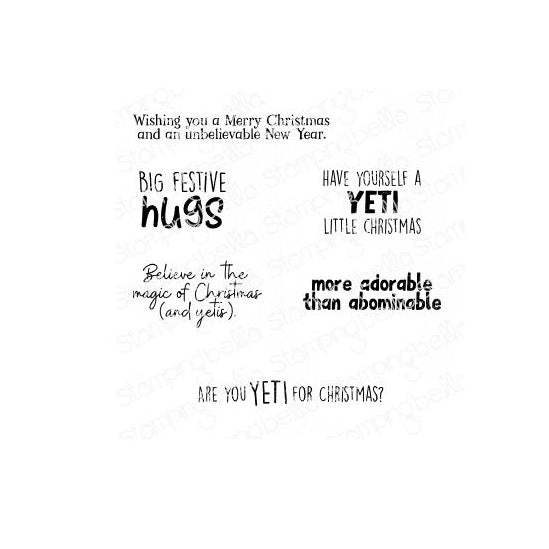 Stamping Bella Cling Stamps - Yeti Sentiments - Big Festive Hugs is approx. 1 x 1.5 inches.