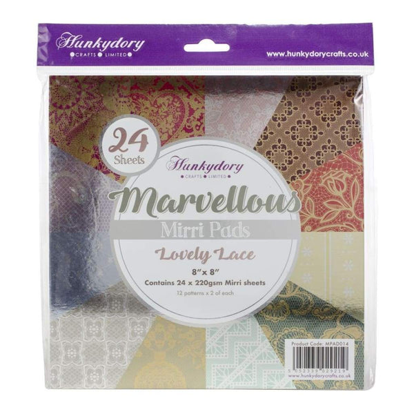 Hunkydory Marvellous Mirri 8 inch X8 inch Paper Pad 24 pack Lovely Lace, 12 Colours/2 Each