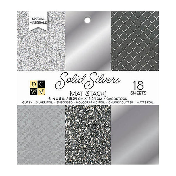 DCWV Single-Sided Card stock Stack 6X 6 18 per pack Solid Silvers Glitter & Foil, 6 Designs