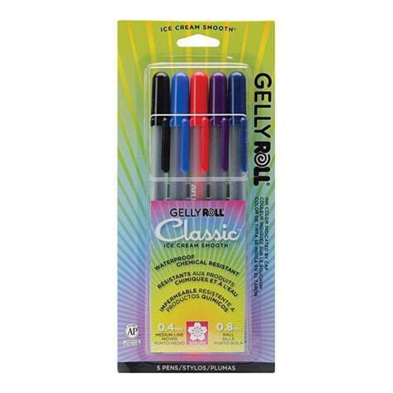 Sakura  Gelly Roll Medium Point Pens 5 Pack Black Blue Red Purple & Royal Blue