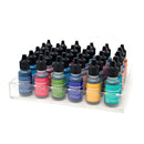 Set of ink bottles in various colors on a clear acrylic stand against a white background