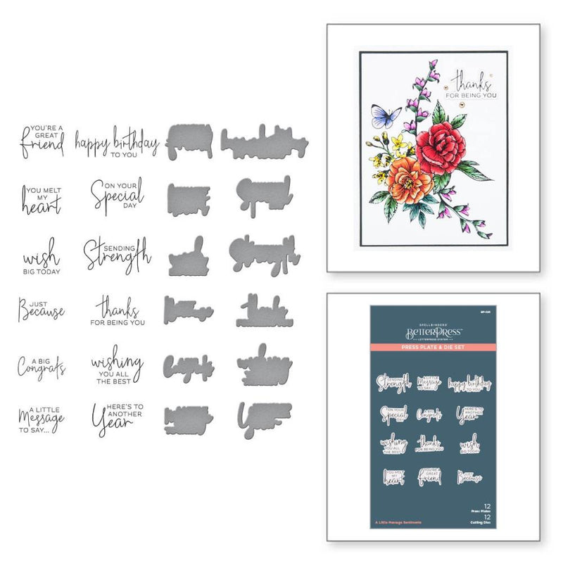 Spellbinders BetterPress Letterpress Press Plates &  Dies Set A Little Message 12/Plates &  12/Dies