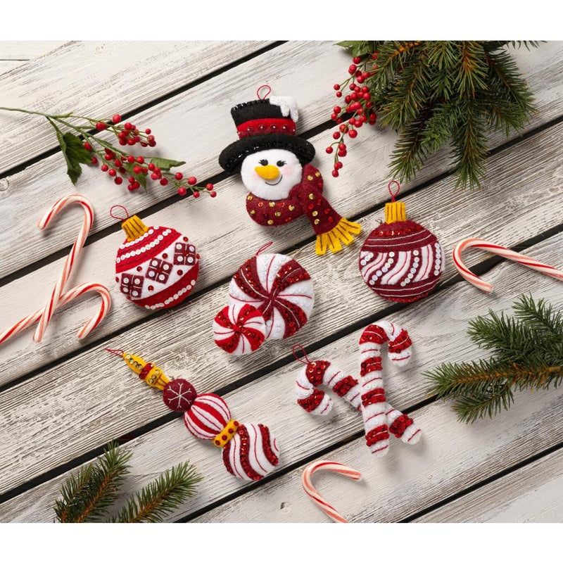 Bucilla Felt Ornaments Applique Kit Set Of 6 Snowman's Peppermint Collection*