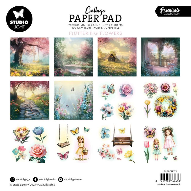 Studio Light Essentials Collage Paper Pad 8"X8" 24 Sheets Fluttering FLowers