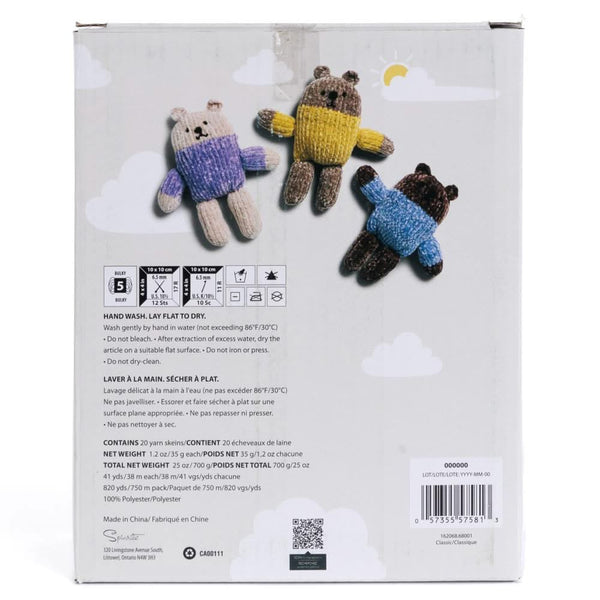 Back of a product packaging with three knitted bear toys and care instructions.